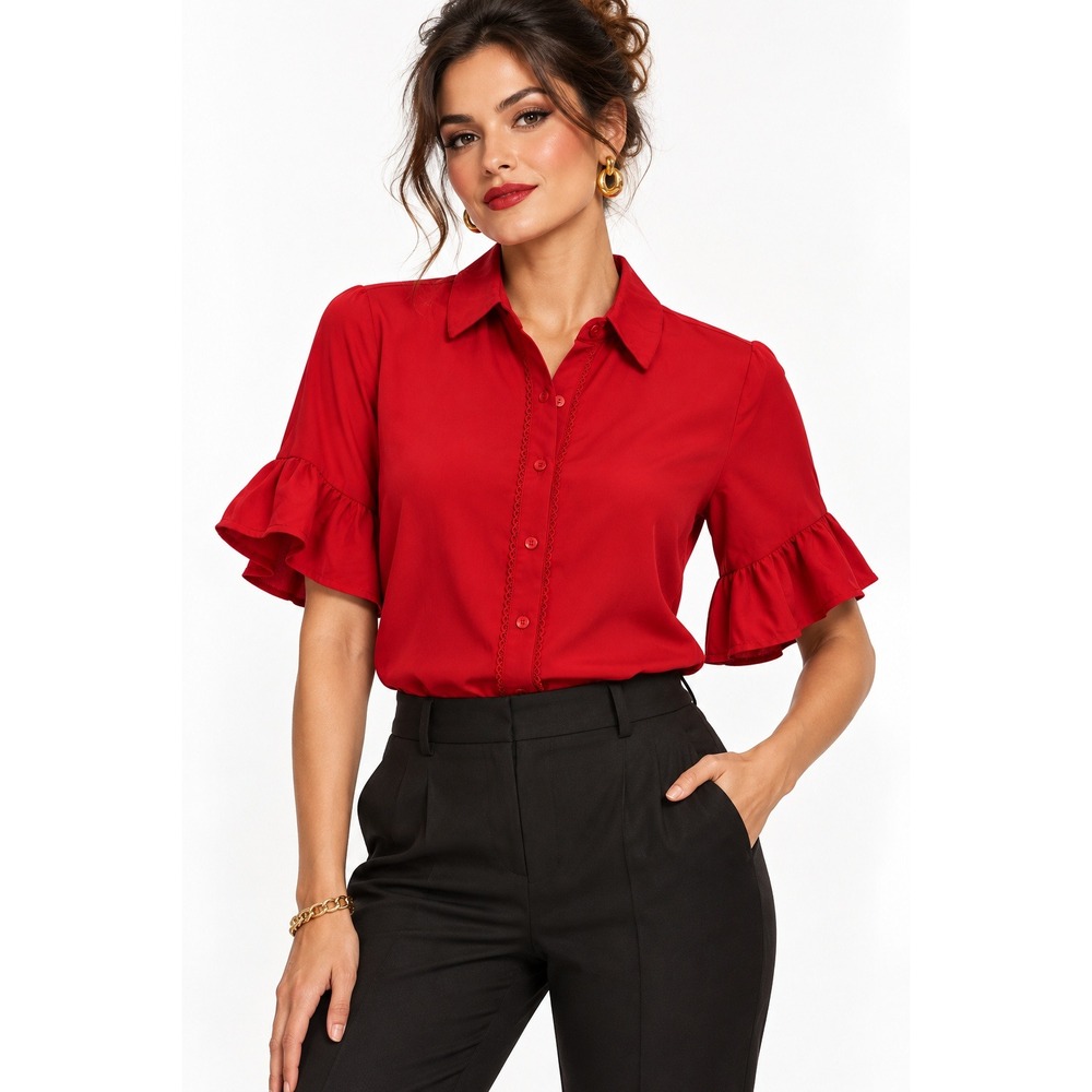 Fortune + Ivy Red Ruffle Short Sleeve Button Down Blouse Size Medium NEW